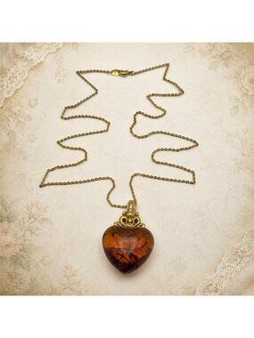 Gold Tone Faux Amber Resin Heart Pendant Long Necklace 29” Avon Vintage